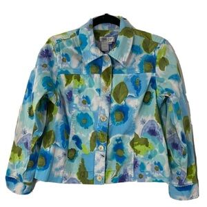 Coldwater Creek Blue Floral Stretch Blazer Watercolor Buttons Sz Petite Medium